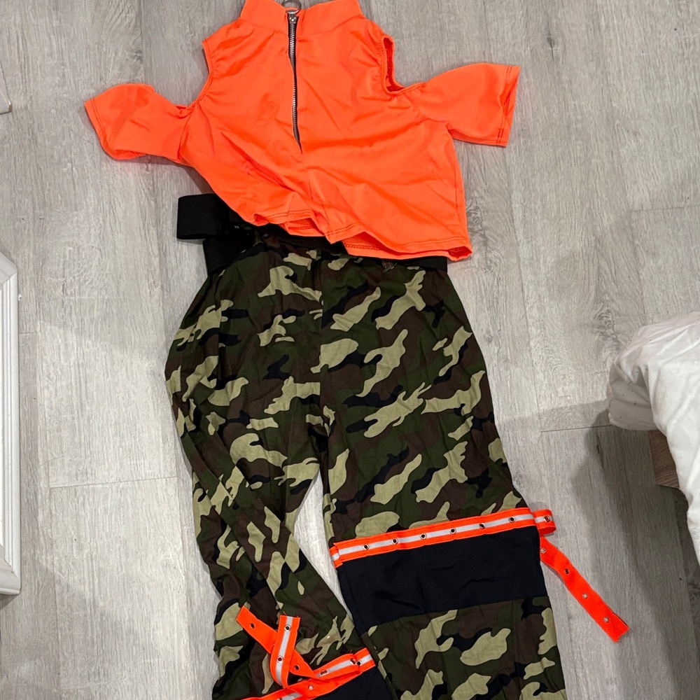 Lg child dance costume Neon Orange Cold-Shoulder Crop Top with Camo Strap Pants